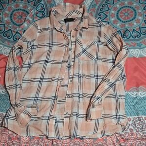 3/$10 Cavalini Checkered Shirt in Peach and Navy